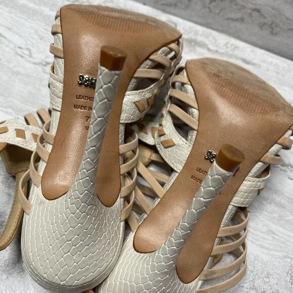 SCHUTZ Snake Print Caged High Heels Leather Sole White Tan Open Toe Ankle Strap - Picture 13 of 16